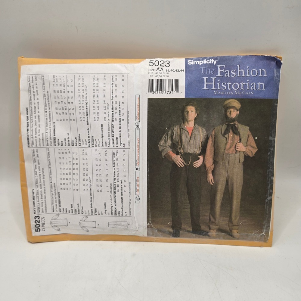 Simplicity 5023 Martha McCain Sewing Pattern Men's Victorian Shirt Pants 38-44